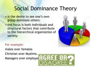 Social Dominance Theory
• is the desire to see one’s own
group dominate others.
• the focus is both individuals and
structural factors that contribute
to the hierarchical organization of
society.
For example:
males over females
Christian over Muslims.
Managers over employees
 