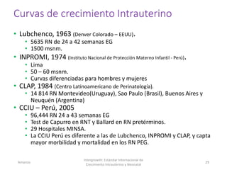 Curvas de crecimiento Intrauterino
• Lubchenco, 1963 (Denver Colorado – EEUU).
• 5635 RN de 24 a 42 semanas EG
• 1500 msnm.
• INPROMI, 1974 (Instituto Nacional de Protección Materno Infantil - Perú).
• Lima
• 50 – 60 msnm.
• Curvas diferenciadas para hombres y mujeres
• CLAP, 1984 (Centro Latinoamericano de Perinatología).
• 14 814 RN Montevideo(Uruguay), Sao Paulo (Brasil), Buenos Aires y
Neuquén (Argentina)
• CCIU – Perú, 2005
• 96,444 RN 24 a 43 semanas EG
• Test de Capurro en RNT y Ballard en RN pretérminos.
• 29 Hospitales MINSA.
• La CCIU Perú es diferente a las de Lubchenco, INPROMI y CLAP, y capta
mayor morbilidad y mortalidad en los RN PEG.
Amanzo
Intergrowth: Estándar Internacional de
Crecimiento Intrauterino y Neonatal
29
 