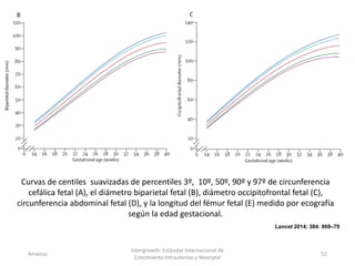 Amanzo
Intergrowth: Estándar Internacional de
Crecimiento Intrauterino y Neonatal
52
Lancet 2014; 384: 869–79
Curvas de centiles suavizadas de percentiles 3º, 10º, 50º, 90º y 97º de circunferencia
cefálica fetal (A), el diámetro biparietal fetal (B), diámetro occipitofrontal fetal (C),
circunferencia abdominal fetal (D), y la longitud del fémur fetal (E) medido por ecografía
según la edad gestacional.
 