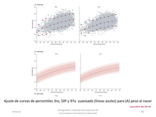 Amanzo
Intergrowth: Estándar Internacional de
Crecimiento Intrauterino y Neonatal
60
Ajuste de curvas de percentiles 3ro, 50ª y 97a suavizado (líneas azules) para (A) peso al nacer
Lancet 2014; 384: 857–68
 