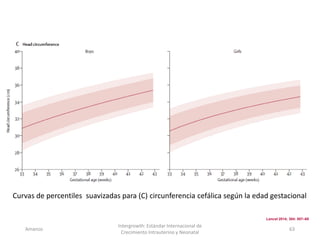 Amanzo
Intergrowth: Estándar Internacional de
Crecimiento Intrauterino y Neonatal
63
Curvas de percentiles suavizadas para (C) circunferencia cefálica según la edad gestacional
Lancet 2014; 384: 857–68
 