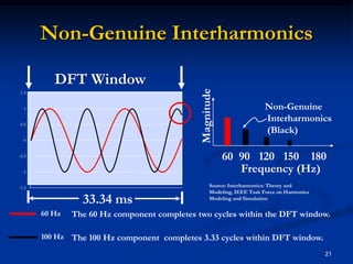 Non-Genuine Interharmonics21DFT WindowNon-Genuine Interharmonics (Black)MagnitudeSource: Interharmonics: Theory and Modeling, IEEE Task Force on Harmonics Modeling and Simulation33.34 ms  60  90   120   150    180Frequency (Hz)60 HzThe 60 Hz component completes two cycles within the DFT window.100 HzThe 100 Hz component  completes 3.33 cycles within DFT window.