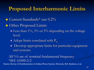 Proposed Interharmonic LimitsCurrent Standards* use 0.2%Other Proposed LimitsLess than 1%, 3% or 5% depending on the voltage level.Adopt limits correlated with Pst Develop appropriate limits for particular equipment and systems. 27All %’s are of nominal fundamental frequency*IEC 61000-2-2Source: Survey of Interharmonics in Indian Power System. Network, B.E. Kushare, et al.