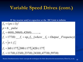 Variable Speed Drives (cont.)32If the reactor and/or capacitor at the  DC Link is infinite there will not be any DC ripple at the DC Link.Source: Interharmonics: basic concepts & techniques for their detection & measurement, Chun Li, et al.