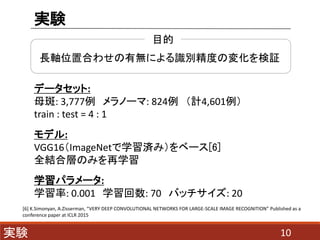 ǩ`å:
ĸ: 3,777 Ω`: 824 Ӌ4,601
train : test = 4 : 1
ǥ:
VGG16ImageNetѧgߣ٩`[6]
ȫYόӤΤߤѧ
ѧѥ`:
ѧ: 0.001 ѧ: 70 Хå: 20
10gY
gY
Ŀ
LSλúϤ碌ПoˤReȤΉ仯^
[6] K.Simonyan, A.Zisserman, VERY DEEP CONVOLUTIONAL NETWORKS FOR LARGE-SCALE IMAGE RECOGNITION Published as a
conference paper at ICLR 2015
 