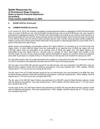 Spider Resources Inc.
(A Development Stage Company)
Notes to Interim Financial Statements
(Unaudited)
Three months ended March 31, 2010

6.    SHARE CAPITAL (Continued)

(a)   COMMON SHARES (Continued)

(i) On January 22, 2010, the Company completed a private placement where an aggregate of 9,823,336 flow-through
units, at a price of $0.06 per unit, and 23,310,000 non-flow-through units at price of $0.05 per unit, were issued to
subscribers for aggregate proceeds of $1,754,900. Each flow-through unit consists of one common share (issued on a
flow-through basis) and one common share purchase warrant (non-flow-through). Each non-flow-through unit consists
of one common share and one common share purchase warrant. Each common share purchase warrant entitles the
holder to acquire one common share (which share shall not be issued on a flow-through basis) at a price of $0.10 for a
period of two years from date of issue.

Spider issued non-transferable compensation options (the “Agent Options”) to purchase up to 3,313,334 Units (the
“Agent Units”), of which 982,334 Agent Units are exercisable at an exercise price of $0.06 per Agent Unit and
2,331,000 Agent Units are exercisable at an exercise price of $0.05 per Agent Unit. The Agent Options are
exercisable at any time before 5:00 p.m. (Toronto time) on January 22, 2012. Each Agent Unit consists of one
common share and one common share purchase warrant exercisable to acquire one common share at an exercise
price of $0.10 per share on or before 5:00 p.m. (Toronto time) on the day that is 24 months from January 22, 2010.

The securities issued under the private placement were subject to a hold period from the date of issuance until May
23, 2010 in accordance with applicable securities laws and TSX Venture Exchange policies.

The fair value of the 9,823,336 warrants issued for the flow-through units was estimated to be $451,873 using the
Black-Scholes valuation model with the following assumptions: a two year expected term, 190% volatility, risk-free
interest rate of 1.17% per annum and a dividend rate of 0%.

The fair value of the 23,310,000 warrants issued for the non flow-through units was estimated to be $885,780 using
the Black-Scholes valuation model with the following assumptions: a two year expected term, 190% volatility, risk-free
interest rate of 1.17% per annum and a dividend rate of 0%.

The fair value of the 982,334 Agent Options was estimated to be $93,320 using the Black-Scholes valuation model
with the following assumptions: a two year expected term, 190% volatility, risk-free interest rate of 1.17% per annum
and a dividend rate of 0%.

The fair value of the 2,331,000 Agent Options was estimated to be $205,128 using the Black-Scholes valuation model
with the following assumptions: a two year expected term, 190% volatility, risk-free interest rate of 1.17% per annum
and a dividend rate of 0%.




                                                        - 15 -
 