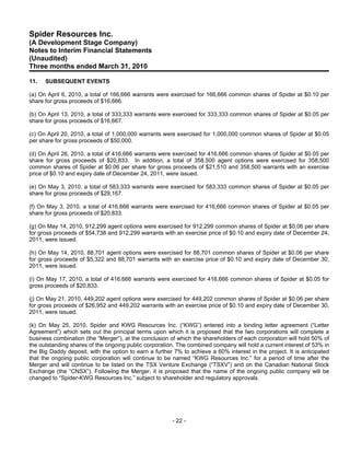 Spider Resources Inc.
(A Development Stage Company)
Notes to Interim Financial Statements
(Unaudited)
Three months ended March 31, 2010

11.   SUBSEQUENT EVENTS

(a) On April 6, 2010, a total of 166,666 warrants were exercised for 166,666 common shares of Spider at $0.10 per
share for gross proceeds of $16,666.

(b) On April 13, 2010, a total of 333,333 warrants were exercised for 333,333 common shares of Spider at $0.05 per
share for gross proceeds of $16,667.

(c) On April 20, 2010, a total of 1,000,000 warrants were exercised for 1,000,000 common shares of Spider at $0.05
per share for gross proceeds of $50,000.

(d) On April 26, 2010, a total of 416,666 warrants were exercised for 416,666 common shares of Spider at $0.05 per
share for gross proceeds of $20,833. In addition, a total of 358,500 agent options were exercised for 358,500
common shares of Spider at $0.06 per share for gross proceeds of $21,510 and 358,500 warrants with an exercise
price of $0.10 and expiry date of December 24, 2011, were issued.

(e) On May 3, 2010, a total of 583,333 warrants were exercised for 583,333 common shares of Spider at $0.05 per
share for gross proceeds of $29,167.

(f) On May 3, 2010, a total of 416,666 warrants were exercised for 416,666 common shares of Spider at $0.05 per
share for gross proceeds of $20,833.

(g) On May 14, 2010, 912,299 agent options were exercised for 912,299 common shares of Spider at $0.06 per share
for gross proceeds of $54,738 and 912,299 warrants with an exercise price of $0.10 and expiry date of December 24,
2011, were issued.

(h) On May 14, 2010, 88,701 agent options were exercised for 88,701 common shares of Spider at $0.06 per share
for gross proceeds of $5,322 and 88,701 warrants with an exercise price of $0.10 and expiry date of December 30,
2011, were issued.

(i) On May 17, 2010, a total of 416,666 warrants were exercised for 416,666 common shares of Spider at $0.05 for
gross proceeds of $20,833.

(j) On May 21, 2010, 449,202 agent options were exercised for 449,202 common shares of Spider at $0.06 per share
for gross proceeds of $26,952 and 449,202 warrants with an exercise price of $0.10 and expiry date of December 30,
2011, were issued.

(k) On May 25, 2010, Spider and KWG Resources Inc. (“KWG”) entered into a binding letter agreement (“Letter
Agreement”) which sets out the principal terms upon which it is proposed that the two corporations will complete a
business combination (the “Merger”), at the conclusion of which the shareholders of each corporation will hold 50% of
the outstanding shares of the ongoing public corporation. The combined company will hold a current interest of 53% in
the Big Daddy deposit, with the option to earn a further 7% to achieve a 60% interest in the project. It is anticipated
that the ongoing public corporation will continue to be named “KWG Resources Inc.” for a period of time after the
Merger and will continue to be listed on the TSX Venture Exchange (“TSXV”) and on the Canadian National Stock
Exchange (the “CNSX”). Following the Merger, it is proposed that the name of the ongoing public company will be
changed to “Spider-KWG Resources Inc.” subject to shareholder and regulatory approvals.




                                                        - 22 -
 