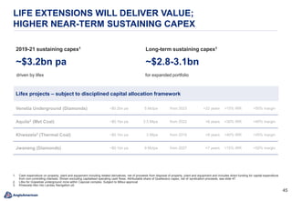 4545
LIFE EXTENSIONS WILL DELIVER VALUE;
HIGHER NEAR-TERM SUSTAINING CAPEX
Venetia Underground (Diamonds) ~$0.2bn pa 5 Mctpa from 2023 +22 years >15% IRR >50% margin
Aquila2 (Met Coal) ~$0.1bn pa 3.5 Mtpa from 2022 +6 years >30% IRR >40% margin
Khwezela3 (Thermal Coal) ~$0.1bn pa 3 Mtpa from 2019 +9 years >40% IRR >45% margin
Jwaneng (Diamonds) ~$0.1bn pa 9 Mctpa from 2027 +7 years >15% IRR >50% margin
Lifex projects – subject to disciplined capital allocation framework
~$3.2bn pa
2019-21 sustaining capex1
driven by lifex
~$2.8-3.1bn
Long-term sustaining capex1
for expanded portfolio
1. Cash expenditure on property, plant and equipment including related derivatives, net of proceeds from disposal of property, plant and equipment and includes direct funding for capital expenditure
from non-controlling interests. Shown excluding capitalised operating cash flows. Attributable share of Quellaveco capex, net of syndication proceeds, see slide 47.
2. Lifex for Grasstree underground mine within Capcoal complex. Subject to Mitsui approval.
3. Khwezela lifex into Landau Navigation pit.
 
