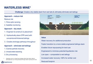 8383
WATERLESS MINE1
Approach – reduce risk
Reduce risk
1. Fibre-optic sensing
2. Satellite monitoring
Approach – dry stack
1. Engineer & construct vs placement
2. Hydraulically place CPR sand with
conventional thickened tailings
3. Creates drainage pathways throughout
Approach – eliminate wet tailings
1. Coarse particle recovery
2. Unsaturated stacking
3. Dry processing
Challenge: Create a dry stable stack from wet tails & ultimately eliminate wet tailings
Value
Water recovery for additional production
Faster transition to a more stable engineered tailings stack
Enables future repurposing for land use
Engineered to minimize potential liquefaction risk
Low opex – comparable to wet tailings
Increased water recovery >80% for similar cost
Reduced footprint
1. Waterless mine is a closed loop strategy where fresh water intake is
eliminated from our mining processes through water recycling and reuse.
 