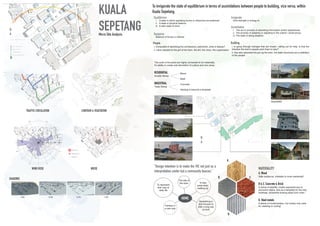 KUALA
SEPETANGMicro Site Analysis
To invigorate the state of equillibrium in terms of assimilations between people to building, vice versa, within
Kuala Sepetang.
Equillibrium
i. A state in which opposing forces or influences are balanced.
ii. A state of physical balance
iii. A calm state of mind
Equipoise
Balance of forces or interest
People
i. Exhausted of absorbing the architecture, patchwork, what is beauty?
ii. Have adopted to the grit of the town, the dirt, the mess, the organisation
Building
i. Is going through changes that are drastic, calling out for help, is that the
direction the town’s people want them to take?
ii. Has also absorbed the grit og the town, the older structures are a reflection
of the people.
CONTOUR & VEGETATION
NOISE
TRAFFIC CIRCULATION
WIND ROSE
SHADOWS
8 AM 10 AM 12 PM 5 PM
Invigorate
Give strength or energy to
Assimilation
i. The act or process of absorbing information and/or experiences
ii. The process of adapting or adjusting to the culture / social group
iii. The state of being adaptive.
The roots of the place are highly connected to its materiality.
It’s ability to create and absorbtion of culture and vice versa.
RESIDENTIAL
Double Storey
INDUSTRIAL
Triple Storey
Wood
Steel
Concrete
Starting to become a template
vbandslkfd
A.
B. C.
D.
MATERIALITY
A. Wood
Safe traditional, relatable to more residential"
B & C. Concrete & Brick
A sense of stability, mostly exposedd due to
economic status, acts as a template for the new
buildings, somewhat bracing away from roots."
D. Steel metals
A sense of modernization, but mostly only used
for cladding or roofing"
“Design intention is to make the VIC not just as a
interpretation center but a community beacon.”
N
N
HOME
The talk of
the town To feel
pride when
walking by
Something to
look forward to
after a long day
at work
Familiar in
a new way
To represent
their way of
daily life
 