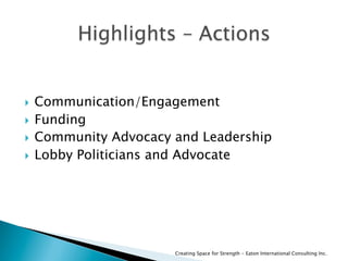   Communication/Engagement
  Funding
  Community Advocacy and Leadership
  Lobby Politicians and Advocate
Creating Space for Strength - Eaton International Consulting Inc.
 