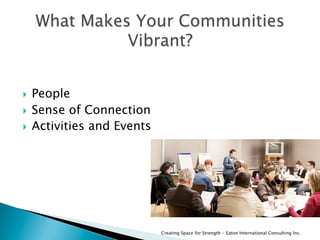   People
  Sense of Connection
  Activities and Events
Creating Space for Strength - Eaton International Consulting Inc.
 