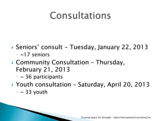   Seniors’ consult - Tuesday, January 22, 2013
◦  ~17 seniors
  Community Consultation – Thursday,
February 21, 2013
◦  ~ 36 participants
  Youth consultation – Saturday, April 20, 2013
◦  ~ 33 youth
Creating Space for Strength - Eaton International Consulting Inc.
 