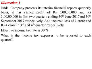 Illustration 1
Jindal Company presents its interim financial reports quarterly
basis, it has earned profit of Rs 5,00,00,000 and Rs
3,00,00,000 in first two quarters ending 30th June 2017and 30th
September 2017 respectively. And incurred loss of 1 crore and
Rs 4 crore in 3rd and 4th quarter respectively.
Effective income tax rate is 30 %
What is the income tax expenses to be reported to each
quarter?
 