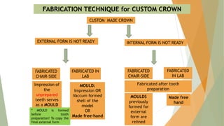 CUSTOM MADE CROWN
EXTERNAL FORM IS NOT READY INTERNAL FORM IS NOT READY
FABRICATED
CHAIR-SIDE
FABRICATION TECHNIQUE for CUSTOM CROWN
FABRICATED
CHAIR-SIDE
FABRICATED IN
LAB
FABRICATED
IN LAB
Impression of
the
unprepared
teeth serves
as a MOULD
MOULD:
Impression OR
Vaccum formed
shell of the
model
OR
Made free-hand
Fabricated after tooth
preparation
MOULDS
previously
formed for
external
form are
relined
Made free
hand
* MOULD is formed
before tooth
preparation! To copy the
final external form
 
