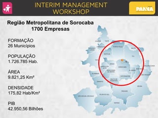FORMAÇÃO
26 Municípios
POPULAÇÃO
1.726.785 Hab.
ÁREA
9.821,25 Km²
DENSIDADE
175,82 Hab/Km²
PIB
42.950,56 Bilhões
Região Metropolitana de Sorocaba
1700 Empresas
 