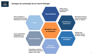 Vantagens da contratação de um Interim Manager
Nova perspetiva
Benefícios para
as Empresas
Ação
Experiência e
autonomia
Orientação para
resultados
Curva de
aprendizagem
Disponibilidade
Podem iniciar o
mandato/missão
rapidamente
Maturidade acrescenta
uma nova visão sobre a
gestão e os negócios
Julgados pelos
resultados sabem o
que devem entregar
Competências, contactos e
conhecimentos ficam com as
equipas e com o staff
Clareza, objetividade e
independência nas
tomadas de decisão
Tanto aconselham os
gerentes/acionistas como
implementam as soluções
5
 