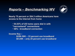 Reports – Benchmarking WV
Nearly 75 percent or 204.3 million Americans have
access to the Internet from home

   • 54.03% of US home users dial in with
   "narrowband" connections
   • 46% - broadband connection

Income Key –
      $25K-50K – 33 percent use broadband
      $0-25K – only 25 percent use broadband
 