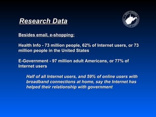 Research Data
Besides email, e-shopping:

Health Info - 73 million people, 62% of Internet users, or 73
million people in the United States

E-Government - 97 million adult Americans, or 77% of
Internet users

   Half of all Internet users, and 59% of online users with
   broadband connections at home, say the Internet has
   helped their relationship with government
 