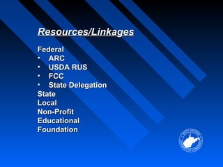 Resources/Linkages
Federal
• ARC
• USDA RUS
• FCC
• State Delegation
State
Local
Non-Profit
Educational
Foundation
 