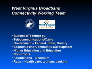 West Virginia Broadband
Connectivity Working Team




• Business/Technology
• Telecommunications/Cable
• Government – Federal, State, County
• Economic and Community Development
• Higher Education and Education
• Non-Profits
• Foundations – Benedum
• Reps – Health care, tourism, banking
 
