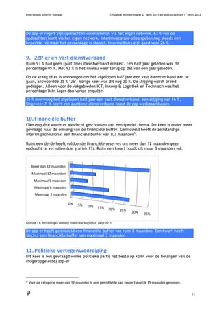 Interimpuls Interim Kompas                                   Terugblik interim-markt 2e helft 2011 en vooruitzichten 1e helft 2012




De zzp-er regelt zijn opdrachten voornamelijk via het eigen netwerk. 63 % van de
opdrachten komt via het eigen netwerk. Interimvacature-sites spelen nog steeds een
beperkte rol maar het percentage is stabiel. Intermediairs zijn goed voor 26 %.


9. ZZP‐erenvastdienstverband
Ruim 93 % had geen (parttime) dienstverband ernaast. Een half jaar geleden was dit
percentage 95 %. Met 93 % is het niveau weer terug op dat van een jaar geleden.

Op de vraag of er is overwogen om het afgelopen half jaar een vast dienstverband aan te
gaan, antwoordde 35 % ‘Ja’. Vorige keer was dit nog 30 %. De stijging wordt breed
gedragen. Alleen voor de vakgebieden ICT, Inkoop & Logistiek en Technisch was het
percentage licht lager dan vorige enquête.

35 % overwoog het afgelopen half jaar een vast dienstverband, een stijging van 16 %.
Ongeveer 7 % heeft een parttime dienstverband naast de zzp-werkzaamheden.


10. Financiëlebuffer
Elke enquête wordt er aandacht geschonken aan een special thema. Dit keer is onder meer
gevraagd naar de omvang van de financiële buffer. Gemiddeld heeft de zelfstandige
interim professional een financiële buffer van 8,3 maanden6.

Ruim een derde heeft voldoende financiële reserves om meer dan 12 maanden geen
opdracht te vervullen (zie grafiek 13). Ruim een kwart houdt dit maar 3 maanden vol.



   Meerdan12maanden
    Maximaal12maanden
        Maximaal9maanden
        Maximaal6maanden
        Maximaal3maanden

                               0%    5%    10% 15%
                                                            20%    25%     30%      35%

Grafiek 13: Percentages omvang financiële buffers 2e helft 2011.

De zzp-er heeft gemiddeld een financiële buffer van ruim 8 maanden. Een kwart heeft
slechts een financiële buffer van maximaal 3 maanden


11. Politiekevertegenwoordiging
Dit keer is ook gevraagd welke politieke partij het beste op komt voor de belangen van de
(hogeropgeleide) zzp-er.




6Voor de categorie meer dan 12 maanden is een gemiddelde van respectievelijk 15 maanden genomen.



                                                                                                                           13
    
 