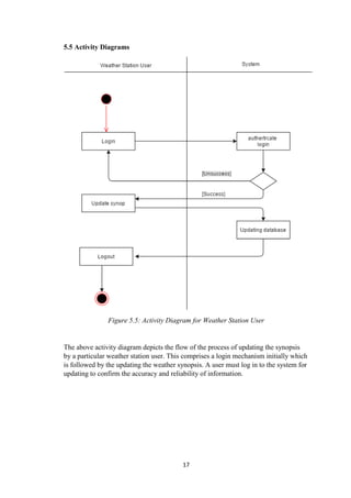 17
5.5 Activity Diagrams
Figure 5.5: Activity Diagram for Weather Station User
The above activity diagram depicts the flow of the process of updating the synopsis
by a particular weather station user. This comprises a login mechanism initially which
is followed by the updating the weather synopsis. A user must log in to the system for
updating to confirm the accuracy and reliability of information.
 