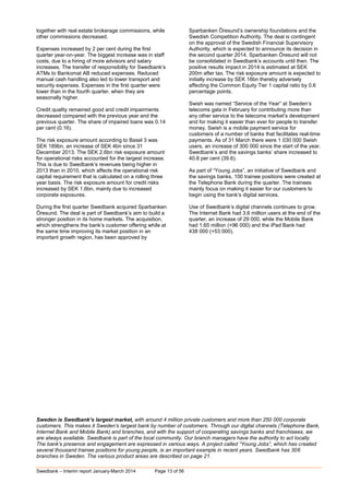 Swedbank – Interim report January-March 2014 Page 13 of 56
together with real estate brokerage commissions, while
other commissions decreased.
Expenses increased by 2 per cent during the first
quarter year-on-year. The biggest increase was in staff
costs, due to a hiring of more advisors and salary
increases. The transfer of responsibility for Swedbank’s
ATMs to Bankomat AB reduced expenses. Reduced
manual cash handling also led to lower transport and
security expenses. Expenses in the first quarter were
lower than in the fourth quarter, when they are
seasonally higher.
Credit quality remained good and credit impairments
decreased compared with the previous year and the
previous quarter. The share of impaired loans was 0.14
per cent (0.16).
The risk exposure amount according to Basel 3 was
SEK 189bn, an increase of SEK 4bn since 31
December 2013. The SEK 2.6bn risk exposure amount
for operational risks accounted for the largest increase.
This is due to Swedbank’s revenues being higher in
2013 than in 2010, which affects the operational risk
capital requirement that is calculated on a rolling three
year basis. The risk exposure amount for credit risks
increased by SEK 1.6bn, mainly due to increased
corporate exposures.
During the first quarter Swedbank acquired Sparbanken
Öresund. The deal is part of Swedbank’s aim to build a
stronger position in its home markets. The acquisition,
which strengthens the bank’s customer offering while at
the same time improving its market position in an
important growth region, has been approved by
Sparbanken Öresund’s ownership foundations and the
Swedish Competition Authority. The deal is contingent
on the approval of the Swedish Financial Supervisory
Authority, which is expected to announce its decision in
the second quarter 2014. Sparbanken Öresund will not
be consolidated in Swedbank’s accounts until then. The
positive results impact in 2014 is estimated at SEK
200m after tax. The risk exposure amount is expected to
initially increase by SEK 16bn thereby adversely
affecting the Common Equity Tier 1 capital ratio by 0.6
percentage points.
Swish was named “Service of the Year” at Sweden’s
telecoms gala in February for contributing more than
any other service to the telecoms market’s development
and for making it easier than ever for people to transfer
money. Swish is a mobile payment service for
customers of a number of banks that facilitates real-time
payments. As of 31 March there were 1 030 000 Swish
users, an increase of 300 000 since the start of the year.
Swedbank’s and the savings banks’ share increased to
40.8 per cent (39.6).
As part of “Young Jobs”, an initiative of Swedbank and
the savings banks, 100 trainee positions were created at
the Telephone Bank during the quarter. The trainees
mainly focus on making it easier for our customers to
begin using the bank’s digital services.
Use of Swedbank’s digital channels continues to grow.
The Internet Bank had 3.6 million users at the end of the
quarter, an increase of 29 000, while the Mobile Bank
had 1.65 million (+96 000) and the iPad Bank had
438 000 (+53 000).
Sweden is Swedbank’s largest market, with around 4 million private customers and more than 250 000 corporate
customers. This makes it Sweden’s largest bank by number of customers. Through our digital channels (Telephone Bank,
Internet Bank and Mobile Bank) and branches, and with the support of cooperating savings banks and franchisees, we
are always available. Swedbank is part of the local community. Our branch managers have the authority to act locally.
The bank’s presence and engagement are expressed in various ways. A project called “Young Jobs”, which has created
several thousand trainee positions for young people, is an important example in recent years. Swedbank has 306
branches in Sweden. The various product areas are described on page 21.
 