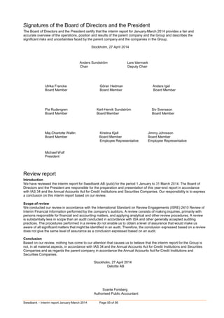 Swedbank – Interim report January-March 2014 Page 55 of 56
Signatures of the Board of Directors and the President
The Board of Directors and the President certify that the interim report for January-March 2014 provides a fair and
accurate overview of the operations, position and results of the parent company and the Group and describes the
significant risks and uncertainties faced by the parent company and the companies in the Group.
Stockholm, 27 April 2014
Anders Sundström Lars Idermark
Chair Deputy Chair
Ulrika Francke Göran Hedman Anders Igel
Board Member Board Member Board Member
Pia Rudengren Karl-Henrik Sundström Siv Svensson
Board Member Board Member Board Member
Maj-Charlotte Wallin Kristina Kjell Jimmy Johnsson
Board Member Board Member Board Member
Employee Representative Employee Representative
Michael Wolf
President
Review report
Introduction
We have reviewed the interim report for Swedbank AB (publ) for the period 1 January to 31 March 2014. The Board of
Directors and the President are responsible for the preparation and presentation of this year-end report in accordance
with IAS 34 and the Annual Accounts Act for Credit Institutions and Securities Companies. Our responsibility is to express
a conclusion on this interim report based on our review.
Scope of review
We conducted our review in accordance with the International Standard on Review Engagements (ISRE) 2410 Review of
Interim Financial Information performed by the company’s auditors. A review consists of making inquiries, primarily with
persons responsible for financial and accounting matters, and applying analytical and other review procedures. A review
is substantially less in scope than an audit conducted in accordance with ISA and other generally accepted auditing
practices. The procedures performed in a review do not enable us to obtain a level of assurance that would make us
aware of all significant matters that might be identified in an audit. Therefore, the conclusion expressed based on a review
does not give the same level of assurance as a conclusion expressed based on an audit.
Conclusion
Based on our review, nothing has come to our attention that causes us to believe that the interim report for the Group is
not, in all material aspects, in accordance with IAS 34 and the Annual Accounts Act for Credit Institutions and Securities
Companies and as regards the parent company in accordance the Annual Accounts Act for Credit Institutions and
Securities Companies.
Stockholm, 27 April 2014
Deloitte AB
Svante Forsberg
Authorised Public Accountant
 