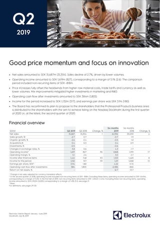 Electrolux Interim Report January –June 2019
Stockholm, July 18, 2019
Good price momentum and focus on innovation
• Net sales amounted to SEK 31,687m (31,354). Sales decline of 2.7%, driven by lower volumes.
• Operating income amounted to SEK 1,619m (827), corresponding to a margin of 5.1% (2.6). The comparison
period included non-recurring items of SEK -818m.
• Price increases fully offset the headwinds from higher raw material costs, trade tariffs and currency as well as
lower volumes. Mix improvements mitigated higher investments in marketing and R&D.
• Operating cash flow after investments amounted to SEK 384m (1,805).
• Income for the period increased to SEK 1,132m (517), and earnings per share was SEK 3.94 (1.80).
• The Board has reconfirmed its plan to propose to the shareholders that the Professional Products business area
is distributed to the shareholders with the aim to achieve listing on the Nasdaq Stockholm during the first quarter
of 2020 or, at the latest, the second quarter of 2020.
Financial overview
¹ Change in net sales adjusted for currency translation effects.
² In the second quarter of 2018, operating income included non-recurring items of SEK –818m. Excluding these items, operating income amounted to SEK 1,645m,
corresponding to a margin of 5.2%. In the first half of 2019, non-recurring items amounted to SEK -1,054m (-1,414). Excluding these non-recurring items, operating
income amounted to SEK 2,922m (3,005) corresponding to a margin of 4.8% (5.1), see page 21.
³ Basic.
For definitions, see pages 29-30.
SEKM Q2 2019 Q2 2018 Change, %
Six months
2019
Six months
2018 Change, %
Net sales 31,687 31,354 1 61,396 59,259 4
Sales growth, %¹ -2.7 0.7 -0.7 1.9
Organic growth, % -2.6 0.4 -0.5 1.0
Acquisitions,% 0.4 0.3 0.4 0.9
Divestments, % -0.5 - -0.6 -
Changes in exchange rates, % 3.8 0.6 4.3 -1.7
Operating income² 1,619 827 96 1,868 1,591 17
Operating margin, % 5.1 2.6 3.0 2.7
Income after financial items 1,441 748 93 1,531 1,420 8
Income for the period 1,132 517 119 1,211 1,068 13
Earnings per share, SEK³ 3.94 1.80 4.22 3.72
Operating cash flow after investments 384 1,805 -2,386 -866
Return on net assets, % - - 12.7 13.7
Q2
2019
 