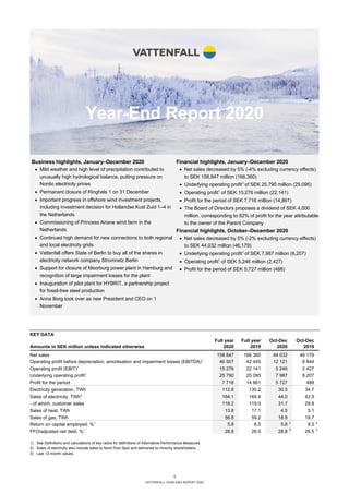 1
VATTENFALL YEAR-END REPORT 2020
Year-End Report 2020
KEY DATA
Full year Full year Oct-Dec Oct-Dec
Amounts in SEK million unless indicated otherwise 2020 2019 2020 2019
Net sales 158 847 166 360 44 032 46 179
Operating profit before depreciation, amortisation and impairment losses (EBITDA)1
46 507 42 445 12 121 8 844
Operating profit (EBIT)1
15 276 22 141 5 246 2 427
Underlying operating profit1
25 790 25 095 7 987 8 207
Profit for the period 7 716 14 861 5 727 488
Electricity generation, TWh 112.8 130.2 30.5 34.7
Sales of electricity, TWh2
164.1 169.4 44.0 42.9
- of which, customer sales 118.2 119.0 31.7 29.8
Sales of heat, TWh 13.8 17.1 4.5 5.1
Sales of gas, TWh 56.8 59.2 18.9 19.7
Return on capital employed, %1
5.8 8.5 5.8 3
8.5 3
FFO/adjusted net debt, %1
28.8 26.5 28.8 3
26.5 3
1) See Definitions and calculations of key ratios for definitions of Alternative Performance Measures.
2) Sales of electricity also include sales to Nord Pool Spot and deliveries to minority shareholders.
3) Last 12-month values.
Business highlights, January–December 2020
• Mild weather and high level of precipitation contributed to
unusually high hydrological balance, putting pressure on
Nordic electricity prices
• Permanent closure of Ringhals 1 on 31 December
• Important progress in offshore wind investment projects,
including investment decision for Hollandse Kust Zuid 1–4 in
the Netherlands
• Commissioning of Princess Ariane wind farm in the
Netherlands
• Continued high demand for new connections to both regional
and local electricity grids
• Vattenfall offers State of Berlin to buy all of the shares in
electricity network company Stromnetz Berlin
• Support for closure of Moorburg power plant in Hamburg and
recognition of large impairment losses for the plant
• Inauguration of pilot plant for HYBRIT, a partnership project
for fossil-free steel production
• Anna Borg took over as new President and CEO on 1
November
Financial highlights, January–December 2020
• Net sales decreased by 5% (-4% excluding currency effects)
to SEK 158,847 million (166,360)
• Underlying operating profit1
of SEK 25,790 million (25,095)
• Operating profit1
of SEK 15,276 million (22,141)
• Profit for the period of SEK 7,716 million (14,861)
• The Board of Directors proposes a dividend of SEK 4,000
million, corresponding to 62% of profit for the year attributable
to the owner of the Parent Company
Financial highlights, October–December 2020
• Net sales decreased by 5% (-2% excluding currency effects)
to SEK 44,032 million (46,179)
• Underlying operating profit1
of SEK 7,987 million (8,207)
• Operating profit1
of SEK 5,246 million (2,427)
• Profit for the period of SEK 5,727 million (488)
 