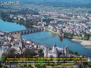 Saumur está situada às margens do Rio Loire e é conhecida por um castelo de conto de fadas (Château de Saumur), pela escola de equitação, pelos cogumelos e pelo vinho frisante. Sua população está por volta dos 32 mil habitantes 