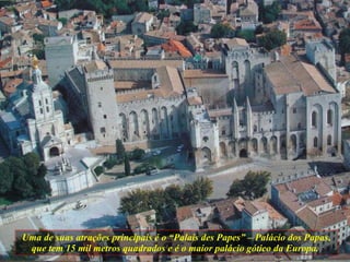 Uma de suas atrações principais é o “Palais des Papes” – Palácio dos Papas, que tem 15 mil metros quadrados e é o maior palácio gótico da Europa.  
