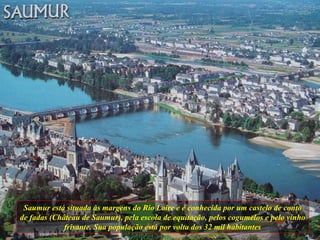 Saumur está situada às margens do Rio Loire e é conhecida por um castelo de conto de fadas (Château de Saumur), pela escola de equitação, pelos cogumelos e pelo vinho frisante. Sua população está por volta dos 32 mil habitantes 