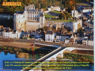 Este e o Château D’Amboise, um dos mais importantes da França, porque nele morou Luís XI; nasceu e morreu Carlos VII. Nas muralhas que o circundam fica a Chapelle St-Hubert onde está enterrado Leonardo da Vinci. AMBOISE 