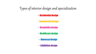Types of interior design and specialization
• Residential design
• Commercial design
• Hospitality design
• Healthcare design
• Universal design
• Exhibition design
 