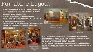 Furniture Layout
​
FURNITURE LAYOUTS IN ART NOUVEAU EMPHASIZE
SMOOTH, FLOWING ARRANGEMENTS THAT MIMIC
NATURAL FORMS AND CURVES.
1.
SEATING IS ARRANGED FOR COMFORT AND
RELAXATION, OFTEN FOCUSING ON COZY, INTIMATE
SPACES FOR CONVERSATION.
2.
LAYOUTS MAY BE ASYMMETRICAL, AVOIDING STRICT
SYMMETRY TO CREATE A MORE DYNAMIC AND
ORGANIC LOOK.
3.
4. FOCAL POINTS: FURNITURE IS OFTEN ARRANGED AROUND A
CENTRAL FOCAL POINT, SUCH AS A FIREPLACE OR ARTISTIC PIECE,
TO DRAW ATTENTION AND CREATE BALANCE.
5. LAYOUTS INCORPORATE NATURAL ELEMENTS, LIKE PLANTS OR
WATER FEATURES, SEAMLESSLY BLENDING INDOOR AND OUTDOOR
SPACES.
DINING ROOM(1903-1906)
LIVING ROOM
DINING ROOM BY
EUGÈNE VALLIN
(1903)
A BEDROOM BY LOUIS
MAJORELLE (1903–04)
 