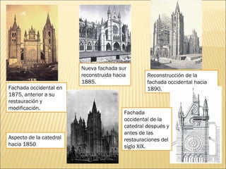 Fachada occidental en
1875, anterior a su
restauración y
modificación.

Aspecto de la catedral
hacia 1850

Nueva fachada sur
reconstruida hacia
1885.

Reconstrucción de la
fachada occidental hacia
1890.

Fachada
occidental de la
catedral después y
antes de las
restauraciones del
siglo XIX.

 
