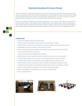 Optimize Educational Furniture Design

Now more than ever, educational environments are multi-purpose spaces that are used by students, staff,
and the community. The furniture should be designed to accommodate all of these needs. By doing it right,
the result will be environments that are more functional and productive. This article includes a number of
questions that can help to ensure the very best furniture solutions for your space.

Furniture can help to facilitate the curriculum and programs, so it is critical to also consider the location of
instructor desks, offices, multi-purpose rooms, media centers, and reception areas. Other critical elements
are the often-forgotten design obstacles such as corners, columns, and utility access panels. Knowledge of
these design obstacles during the space planning process can help to maximize all available floor space.




Computer Labs
  • How many students need to fit into the room?
  • Do the students need to face the front of the room (instructor) or away?
  • Where will the instructor be located? Does the instructor need to see the computer screens?
  • Will laptops, flat screen monitors or CRT monitors be used?
  • What does the work surface height need to be? [25 for elementary, 27 for JHS, 29 for HS]
  • How many ADA stations are required?
  • Is there a need for one or multiple printer stations?
  • Will the layout consist of perimeter stations around the room, rows, or a combination?
  • If lecture style required, can a minimum of 36” of space between rows be achieved?
  • How will power & data be accessed (floor, wall, ceiling)? Will a wire mold be used?
  • Will the stations require convenience outlets in addition to dedicated computer circuits?
  • Should the grommet holes or wire dips be located in the corners or centered per student?
  • How can we best address ergonomics? [for student health and comfort]
  • What seating options are required? [Such as casters or fixed seating]
  • What is the floor finish?
 