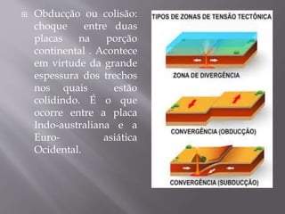  Obducção ou colisão:
choque entre duas
placas na porção
continental . Acontece
em virtude da grande
espessura dos trechos
nos quais estão
colidindo. É o que
ocorre entre a placa
Indo-australiana e a
Euro- asiática
Ocidental.
 