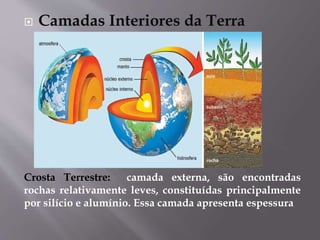 Camadas Interiores da Terra
Crosta Terrestre: camada externa, são encontradas
rochas relativamente leves, constituídas principalmente
por silício e alumínio. Essa camada apresenta espessura
 