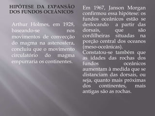 HIPÓTESE DA EXPANSÃO
DOS FUNDOS OCEÂNICOS
Arthur Holmes, em 1928,
baseando-se nos
movimentos de convecção
do magma na astenosfera,
concluiu que o movimento
circulatório do magma
empurraria os continentes.
Em 1967, Janson Morgan
confirmou essa hipótese: os
fundos oceânicos estão se
deslocando a partir das
dorsais, que são
cordilheiras situadas na
porção central dos oceanos
(meso-oceânicas).
Constatou-se também que
as idades das rochas dos
fundos oceânicos
aumentam à medida que se
distanciam das dorsais, ou
seja, quanto mais próximas
dos continentes, mais
antigas são as rochas.
 