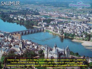 Saumur está situada en las márgenes del Río Loire y es conocida por un castillo de  cuento de hadas (Château de Saumur), por la escuela de arquitectos, por los comuneros y por los vinos de aguja. Su población está alrededor de 32.000 habitantes 