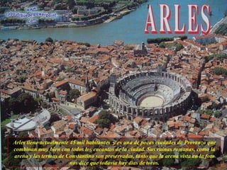 Arles tiene actualmente 45 mil habitantes  y es una de pocas ciudades de Provenza que combinan muy bien con todos los encantos de la ciudad. Sus ruínas romanas, como la arena y las termas de Constantino son preservadas, tanto que la arena vista en la foto nos dice que todavía hay días de toros. 
