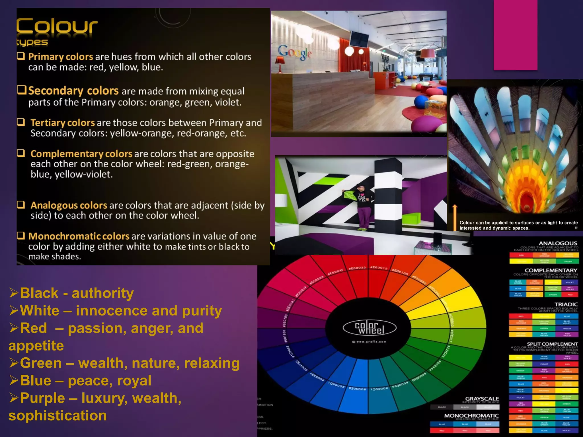 Black - authority
White – innocence and purity
Red – passion, anger, and
appetite
Green – wealth, nature, relaxing
Blue – peace, royal
Purple – luxury, wealth,
sophistication
 