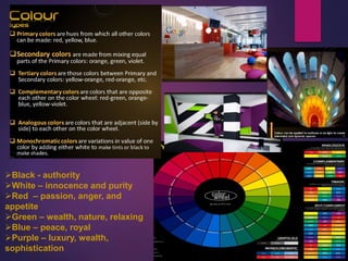 Black - authority
White – innocence and purity
Red – passion, anger, and
appetite
Green – wealth, nature, relaxing
Blue – peace, royal
Purple – luxury, wealth,
sophistication
 