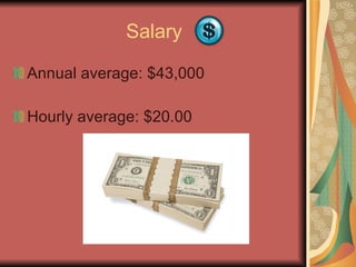 Salary Annual average: $43,000 Hourly average: $20.00