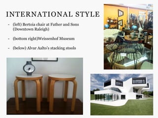 INTERNATIONAL STYLE
- (left) Bertoia chair at Father and Sons
  (Downtown Raleigh)

- (bottom right)Weissenhof Museum

- (below) Alvar Aalto’s stacking stools
 