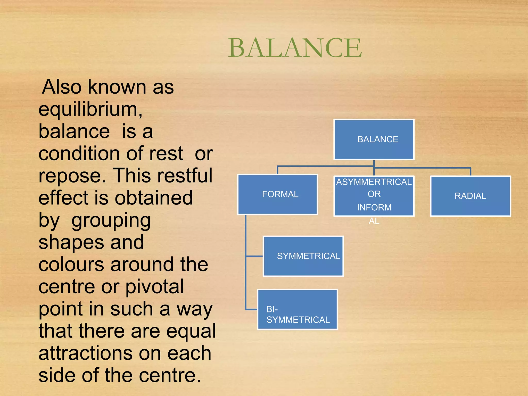 BALANCE
Also known as
equilibrium,
balance is a
condition of rest or
repose. This restful
effect is obtained
by grouping
shapes and
colours around the
centre or pivotal
point in such a way
that there are equal
attractions on each
side of the centre.
BALANCE
FORMAL
SYMMETRICAL
BI-
SYMMETRICAL
ASYMMERTRICAL
OR
INFORM
AL
RADIAL
 
