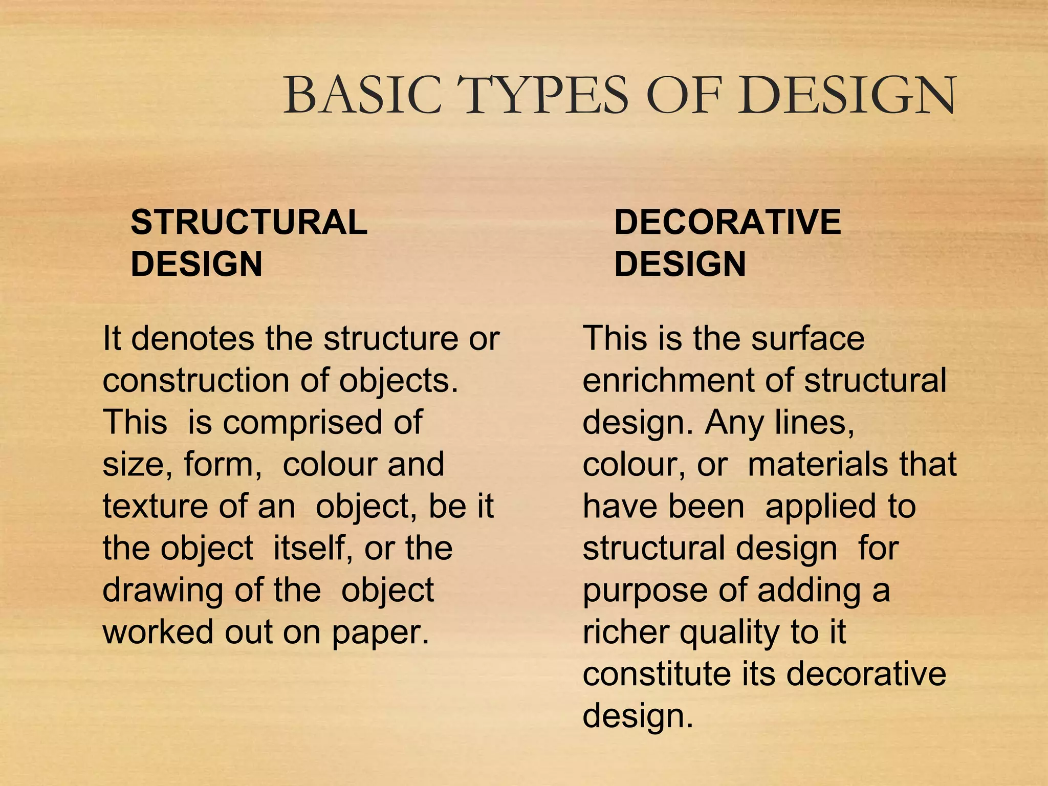 BASIC TYPES OF DESIGN
STRUCTURAL
DESIGN
It denotes the structure or
construction of objects.
This is comprised of
size, form, colour and
texture of an object, be it
the object itself, or the
drawing of the object
worked out on paper.
DECORATIVE
DESIGN
This is the surface
enrichment of structural
design. Any lines,
colour, or materials that
have been applied to
structural design for
purpose of adding a
richer quality to it
constitute its decorative
design.
 